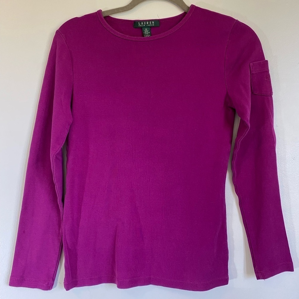 Ralph Lauren Fuschia Long Sleeve shirt Women’s Size Medium Pocket Left Sleeve